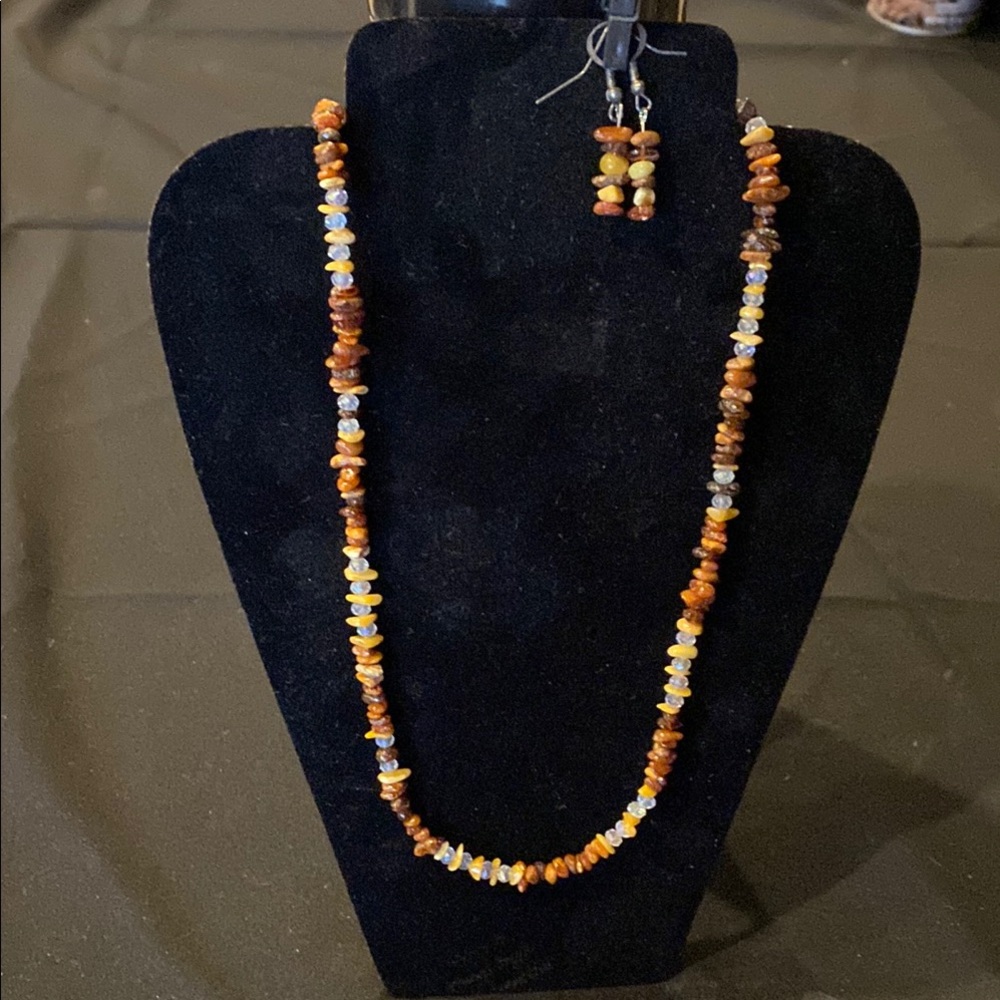 Honey & golden Amber and crystal Beaded Necklace and Earring Set